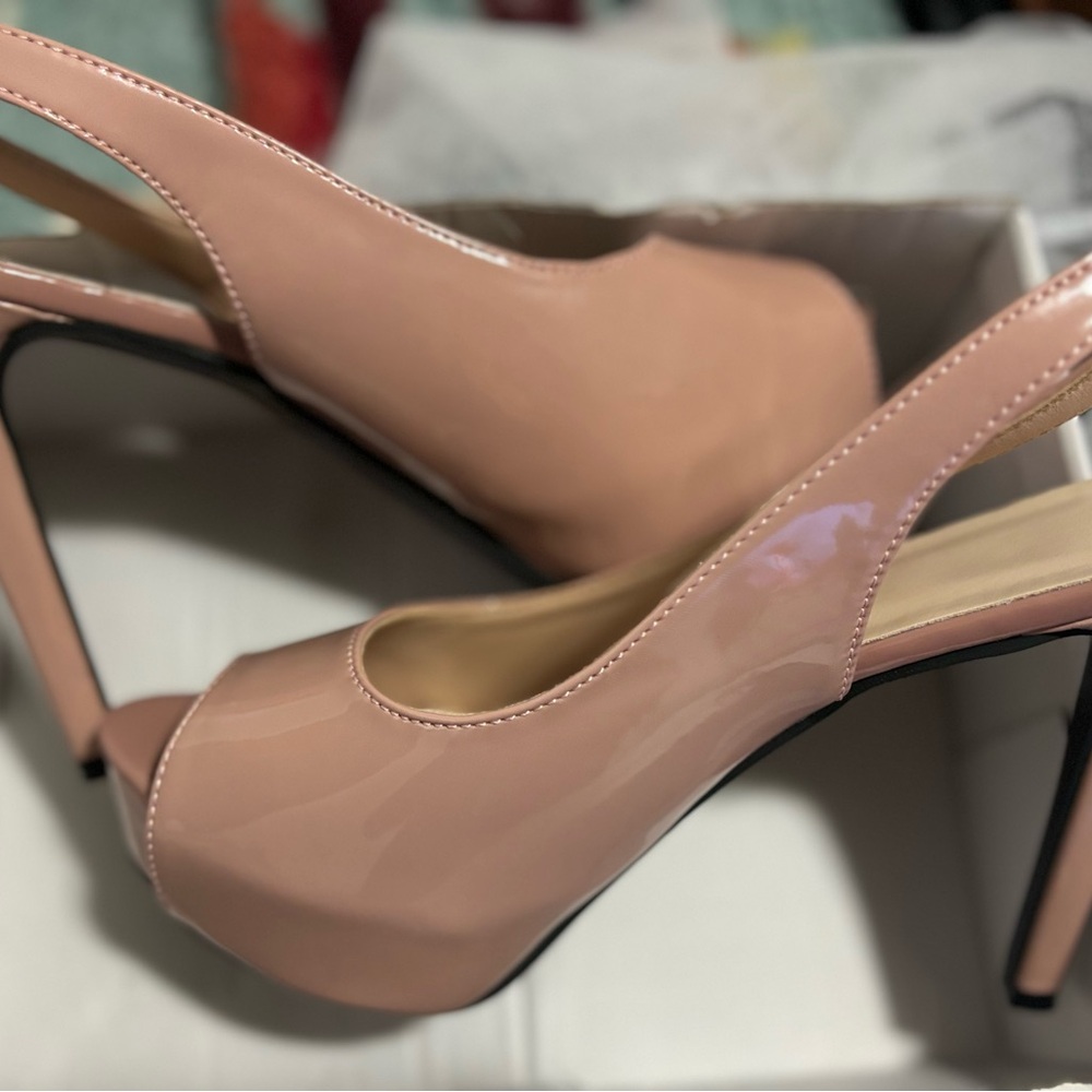 Blush colored peep toe stilettos